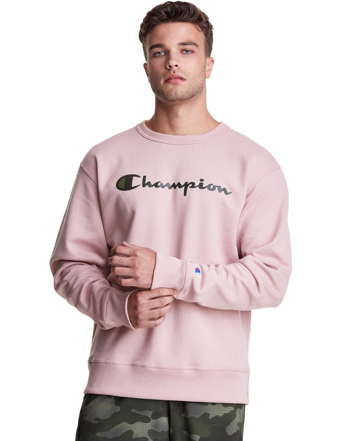 Champion Herre Sweatshirt Lyserød - Powerblend Fleece Crew Script Logo - Danmark RPG-034598